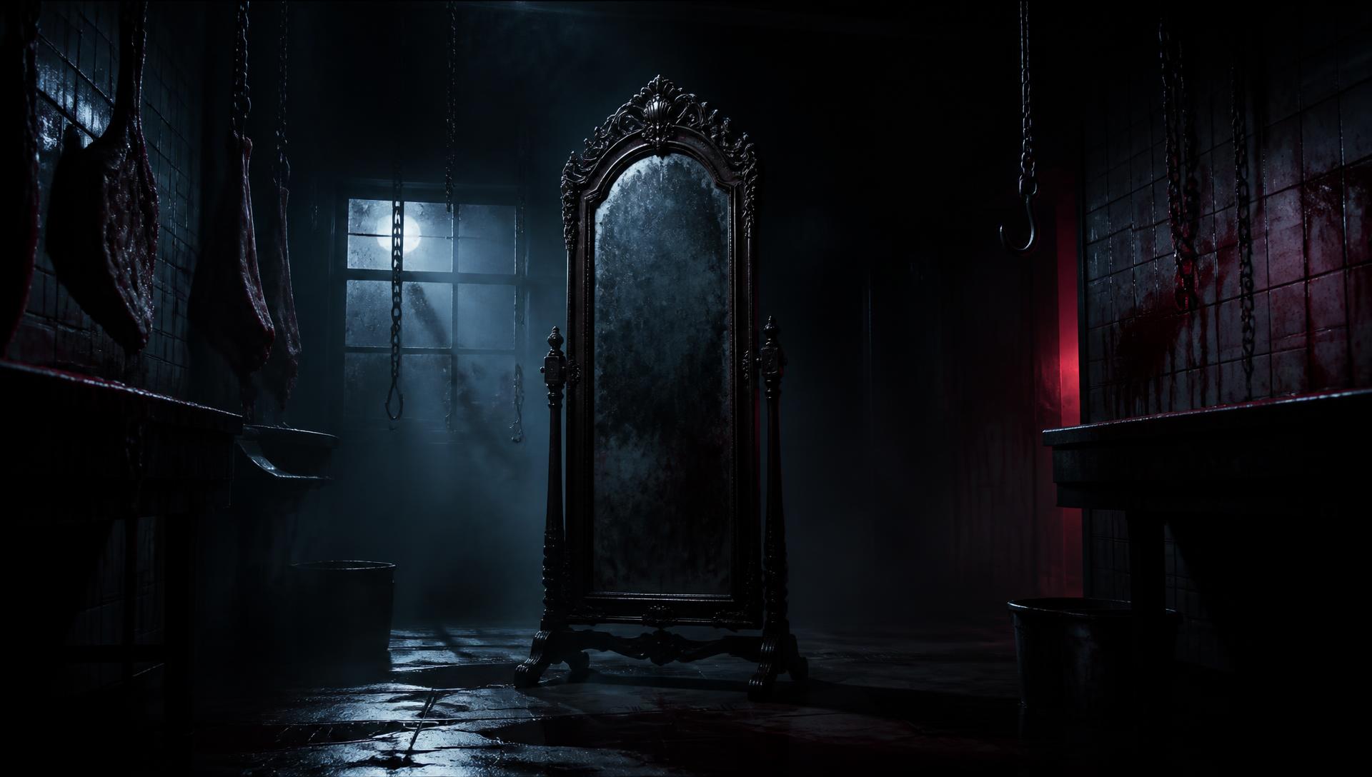 A Victorian standing mirror in a dark butcher's back room hung with chains and meat hooks