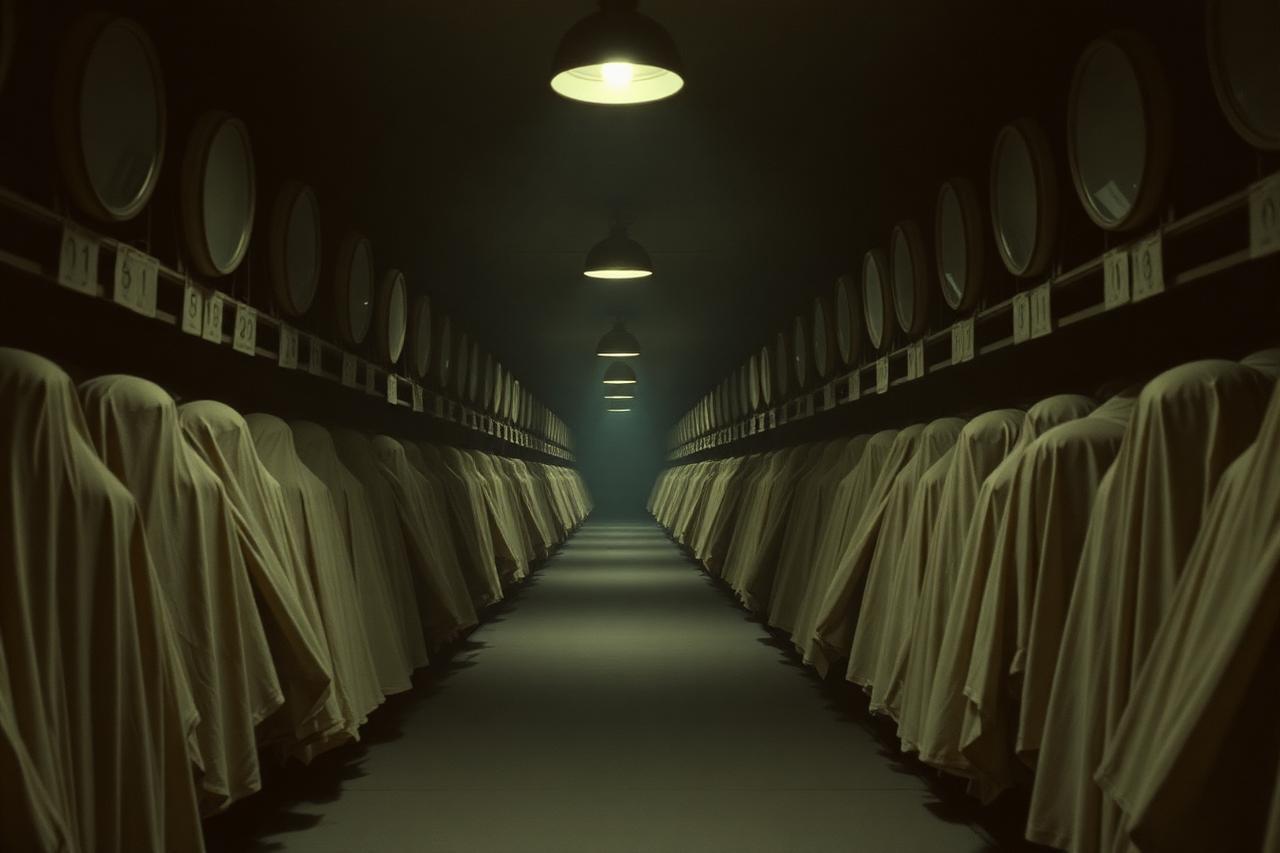 Rows of shrouded, numbered mirrors stored in a dim evidence warehouse